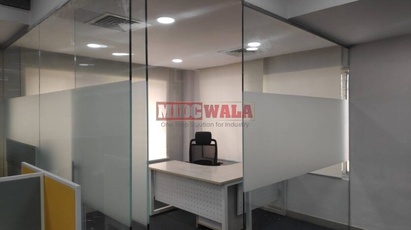 An image showcasing a fully furnished office space in MBP Mahape, Navi Mumbai, featuring modern workstations, well-appointed conference rooms, and a vibrant work environment.